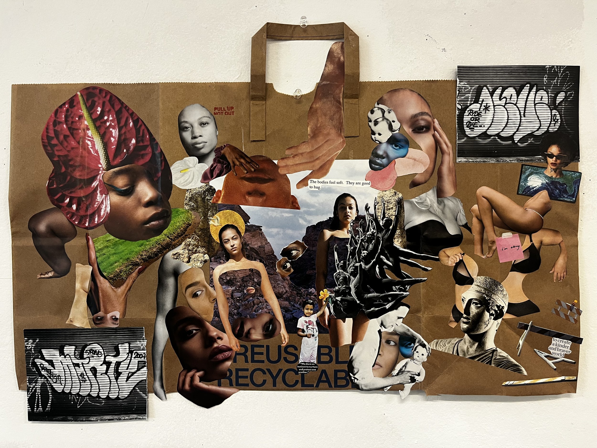 Amid the Rubble (2023), mixed media collage on paper bag, 25.5x18 in.