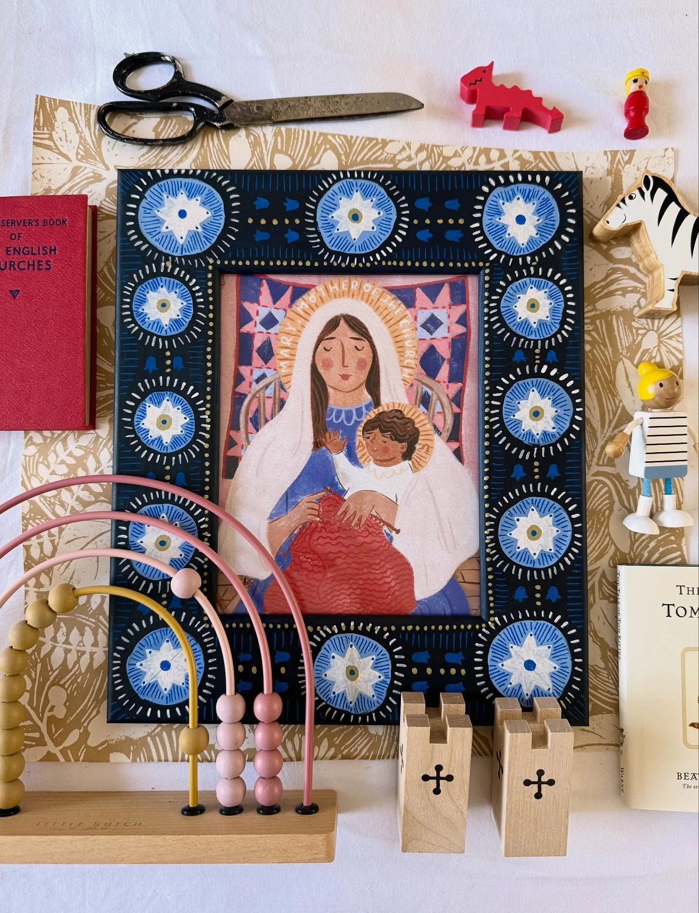 Well this is fit for a little princess&rsquo;s room!

I thought I would share this little project I&rsquo;ve spent the last week painting on and off: my knitting Mary print framed with a hand painted wooden frame. Twelve stars and an embellishment of