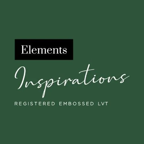 Cover design with green background, black box with white text "Elements," white cursive text "Inspirations," and smaller white text "REGISTERED EMBOSSED LVT."
