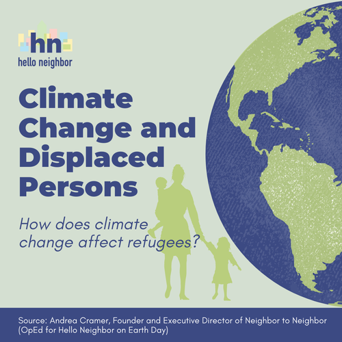 A cover page with the Hello Neighbor logo, title "Climate Change and Displaced Persons," and a subtitle asking how climate change affects refugees. It features a silhouette of an adult holding hands with a child, and a partial illustration of Earth showing the Americas and Africa.