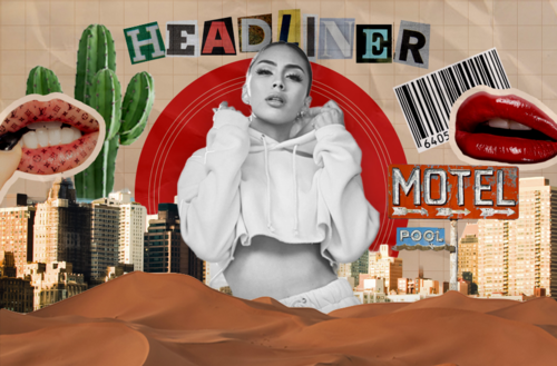 Black and white photo of a young woman in a white hoodie, overlaid on a collage background with skyscrapers, cactus, lips, a barcode, and colorful letters spelling 'HEADLINER'.