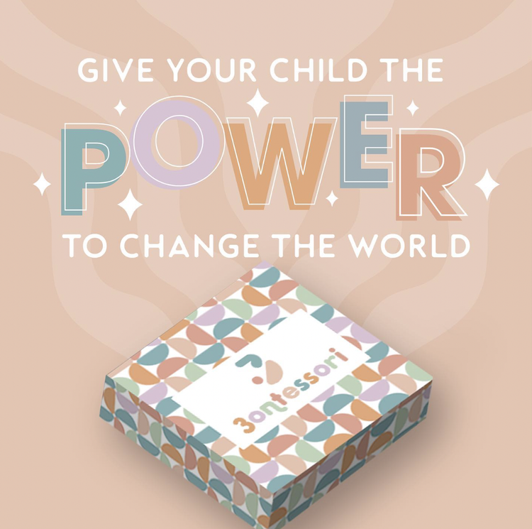 A colorful box with the 3 Montessori logo, accompanied by an inspirational message to give children the power to change the world.