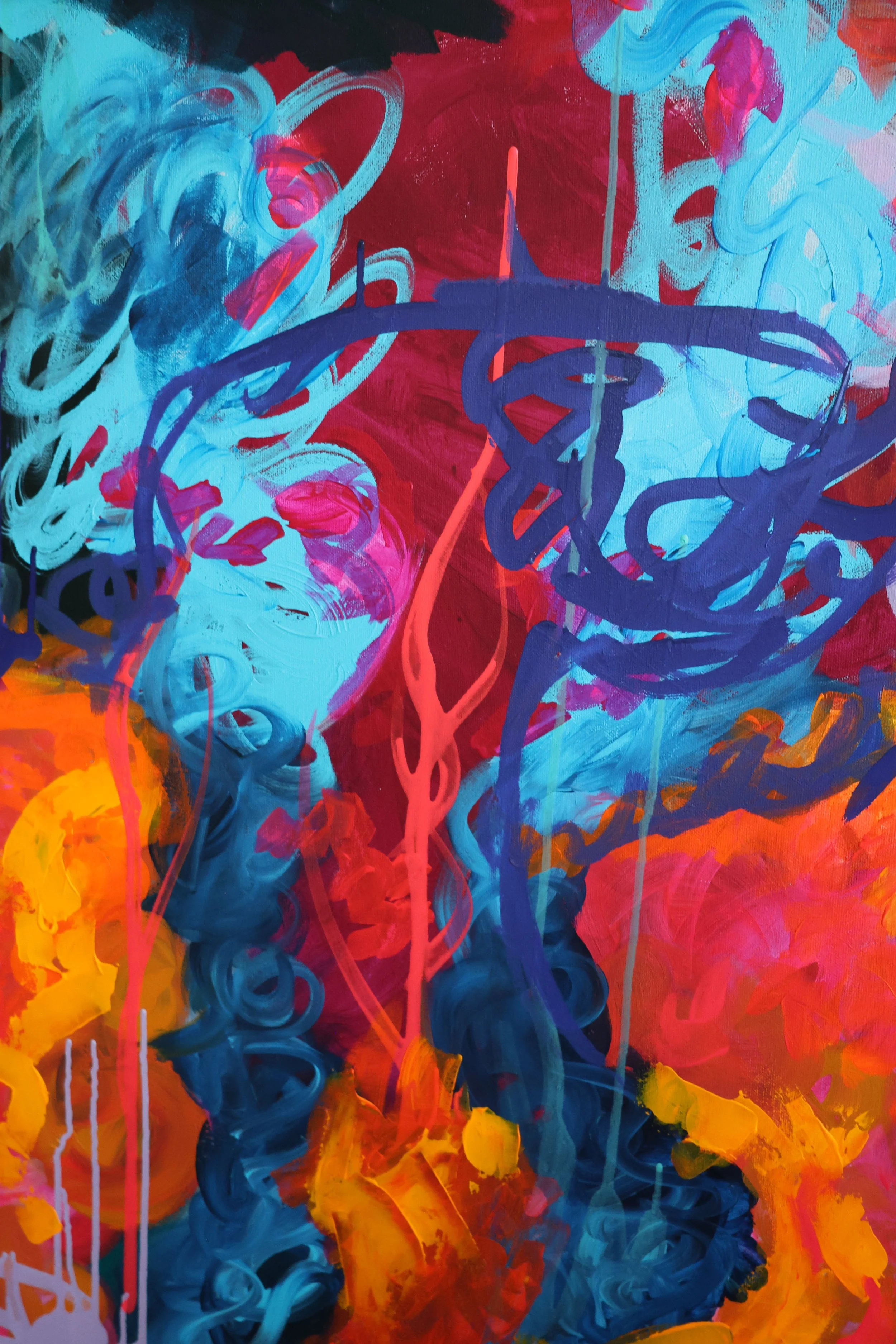 Abstract colorful painting with swirling lines in blue, orange, red, and pink hues by Aeleise Jana