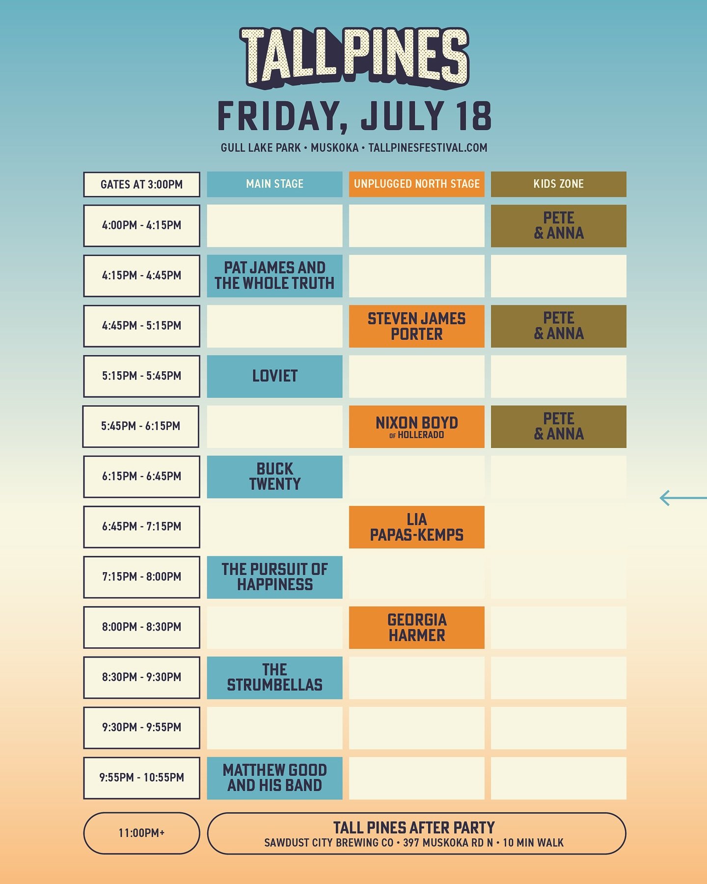 Here is your 2025 schedule! Tickets available at tallpinesfestival.com
