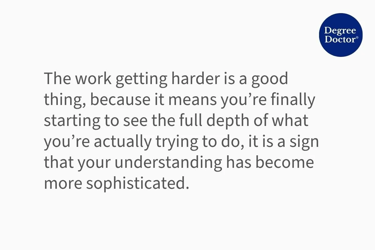Quote graphic explaining that increasing PhD difficulty can reflect deeper understanding and growing intellectual sophistication