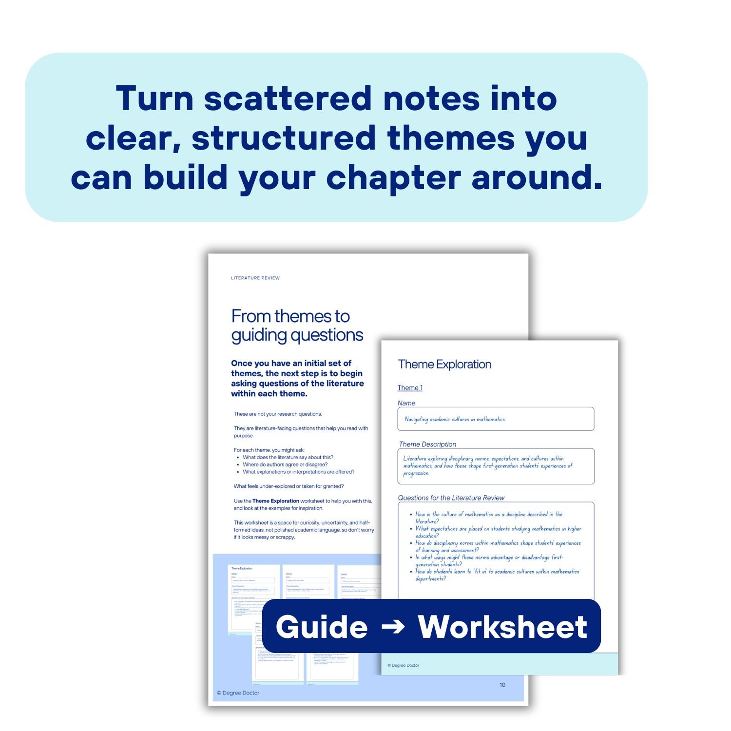 Graphic showing how the Literature Review Guide and worksheet work together to help organise notes into clear themes for a thematic literature review.