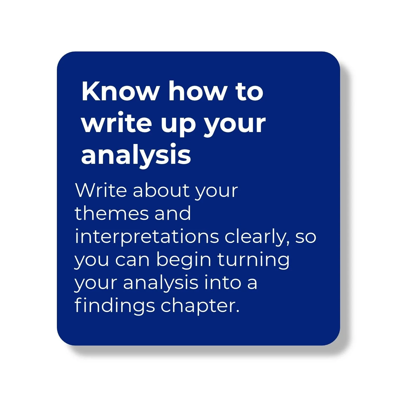 Blue information card explaining how the guide helps qualitative researchers write about their themes and interpretations clearly, moving from data analysis towards a PhD findings chapter.