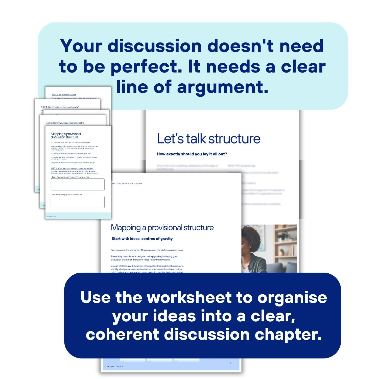 Preview of a discussion chapter planning worksheet that helps qualitative PhD researchers organise ideas, develop a clear line of argument, and build a coherent discussion chapter.