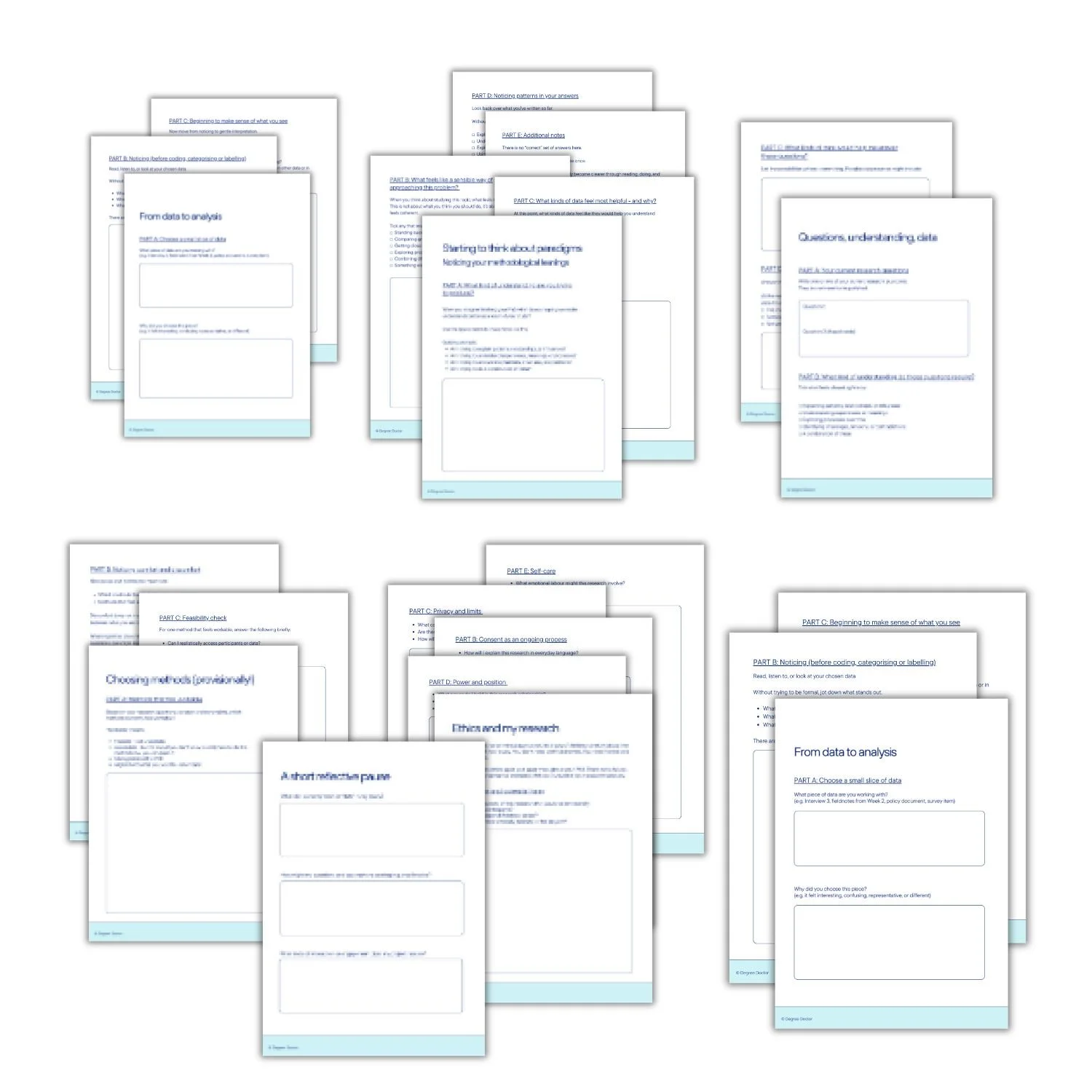 Seven sets of Data to Analysis worksheets supporting methodology, data collection, ethics, choosing and justifying methods, and moving from qualitative data to analysis.
