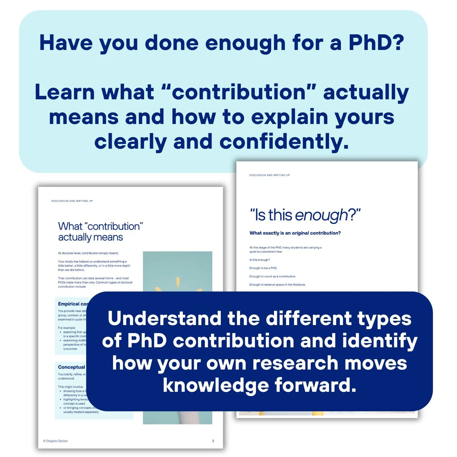 Preview of discussion guide pages explaining different types of original contribution and helping qualitative PhD researchers identify and explain how their research contributes new knowledge.