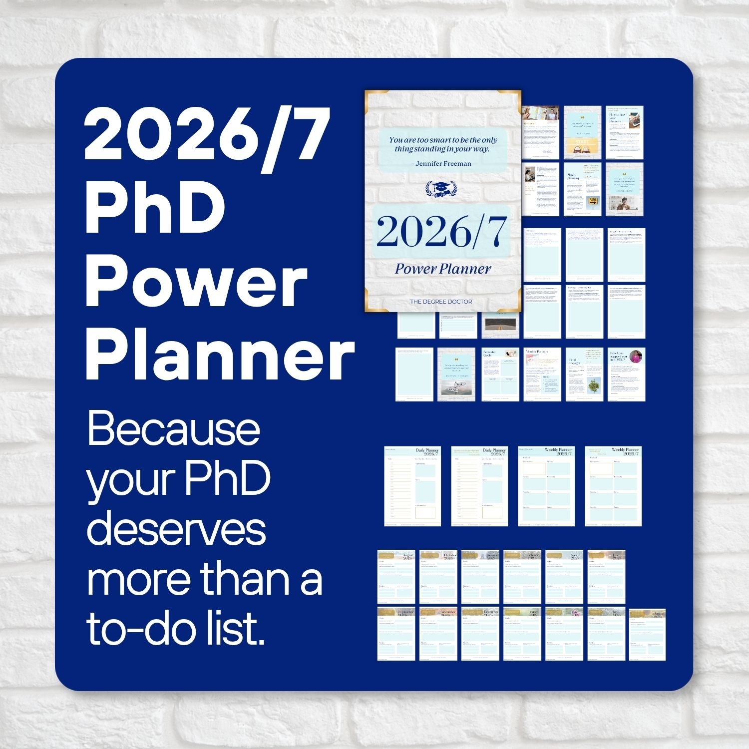 Preview of the 2026/27 PhD Power Planner showing the planner cover and sample pages, including annual, monthly, weekly and daily planning layouts designed to help qualitative PhD researchers organise their academic year with clarity.