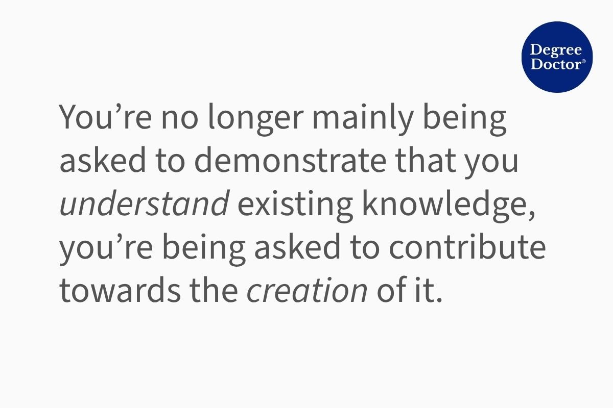 Quote graphic explaining the shift from learning existing knowledge to creating original research during a PhD