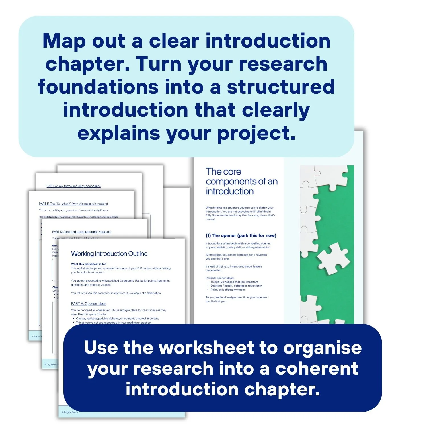 Preview pages and worksheets from the Clarifying Your Research PhD Survival Guide showing how to map out an introduction chapter and organise your research into a clear, coherent structure.