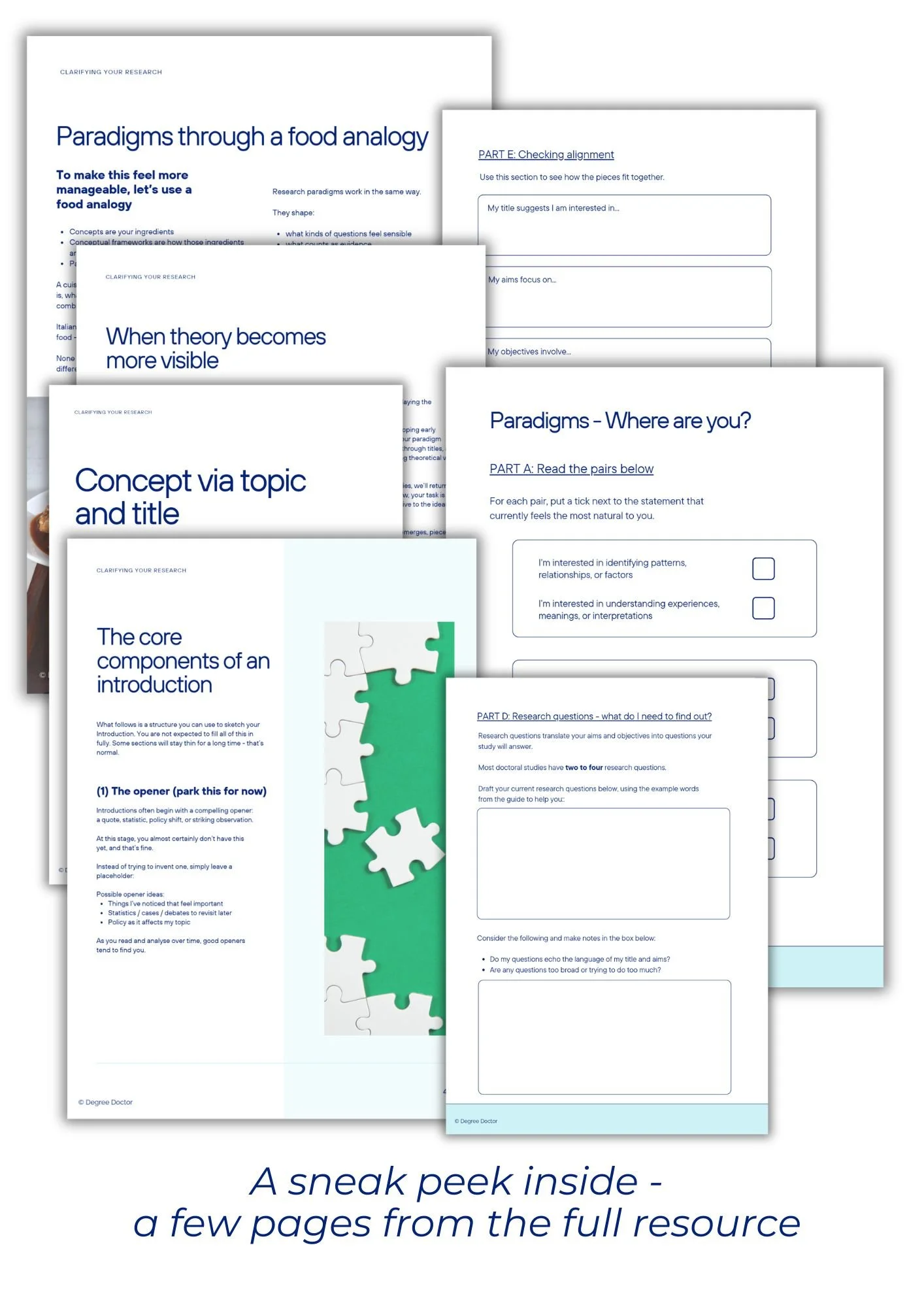 Preview of Degree Doctor's Clarifying Your Research PhD Survival Guide - Guide pages and worksheets.