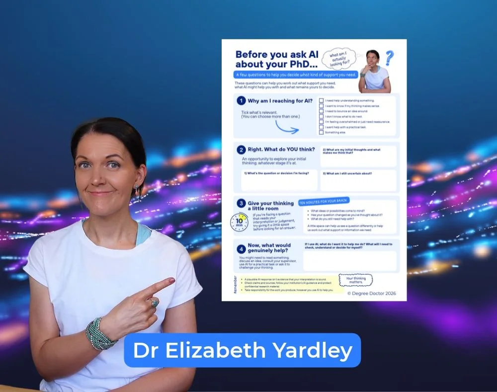 Now an alt text for this please Dr Elizabeth Yardley pointing towards her free “Before You Ask AI About Your PhD” worksheet, designed to help PhD researchers clarify their thinking, make informed decisions and use AI thoughtfully.