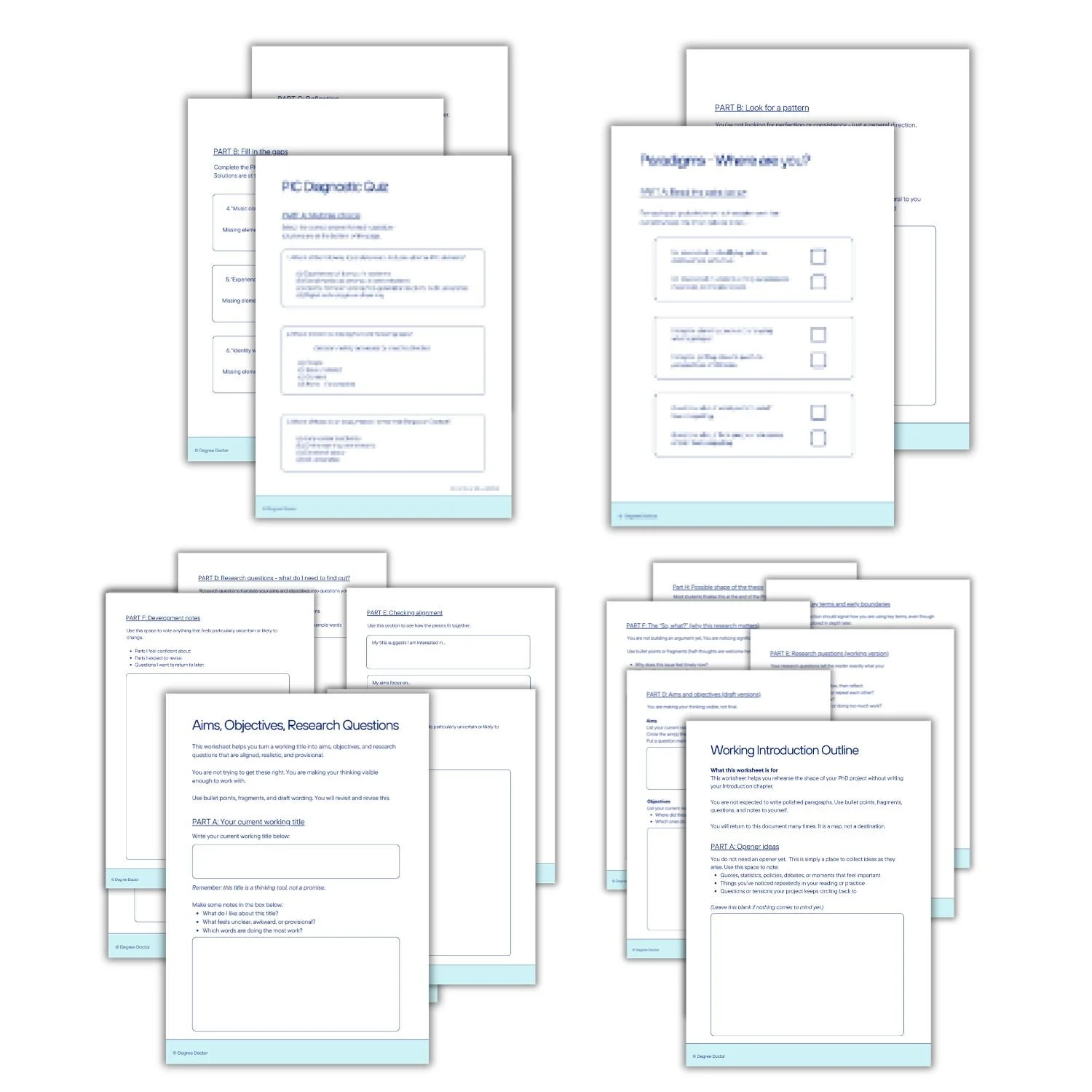 Four sets of Clarifying Your Research worksheets covering PhD concepts, paradigms, aims and research questions, and planning an introduction chapter.