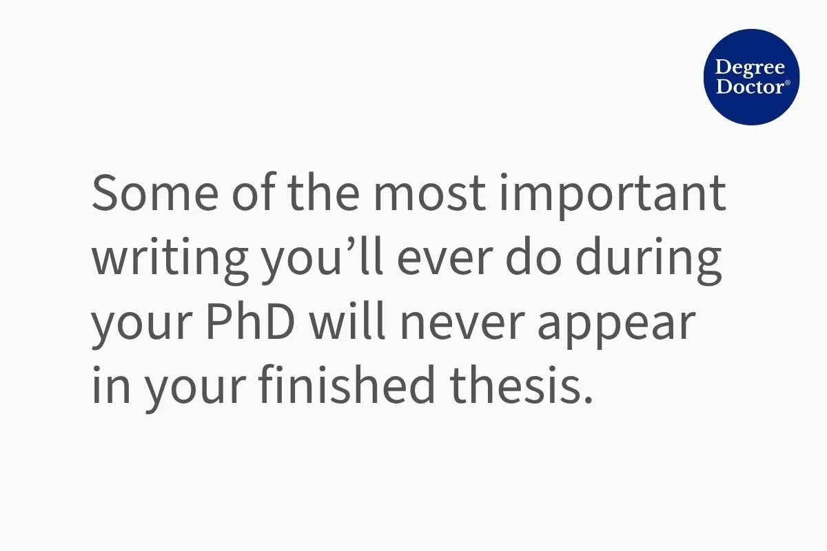 Quote graphic explaining that some of the most important PhD writing helps develop your thinking but never appears in the finished thesis.
