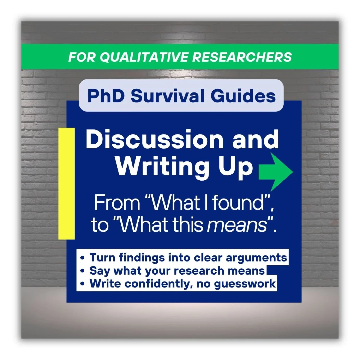 Promotional cover for the Degree Doctor Discussion and Writing Up PhD Survival Guide for qualitative researchers, helping readers move from describing findings to explaining what their research means through clear academic arguments.