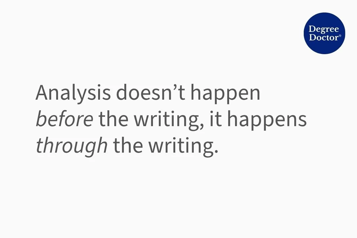 Quote, "Analysis doesn't happen before the writing, it happens through the writing". Grey text on a white background with the Degree Doctor logo in the top right.