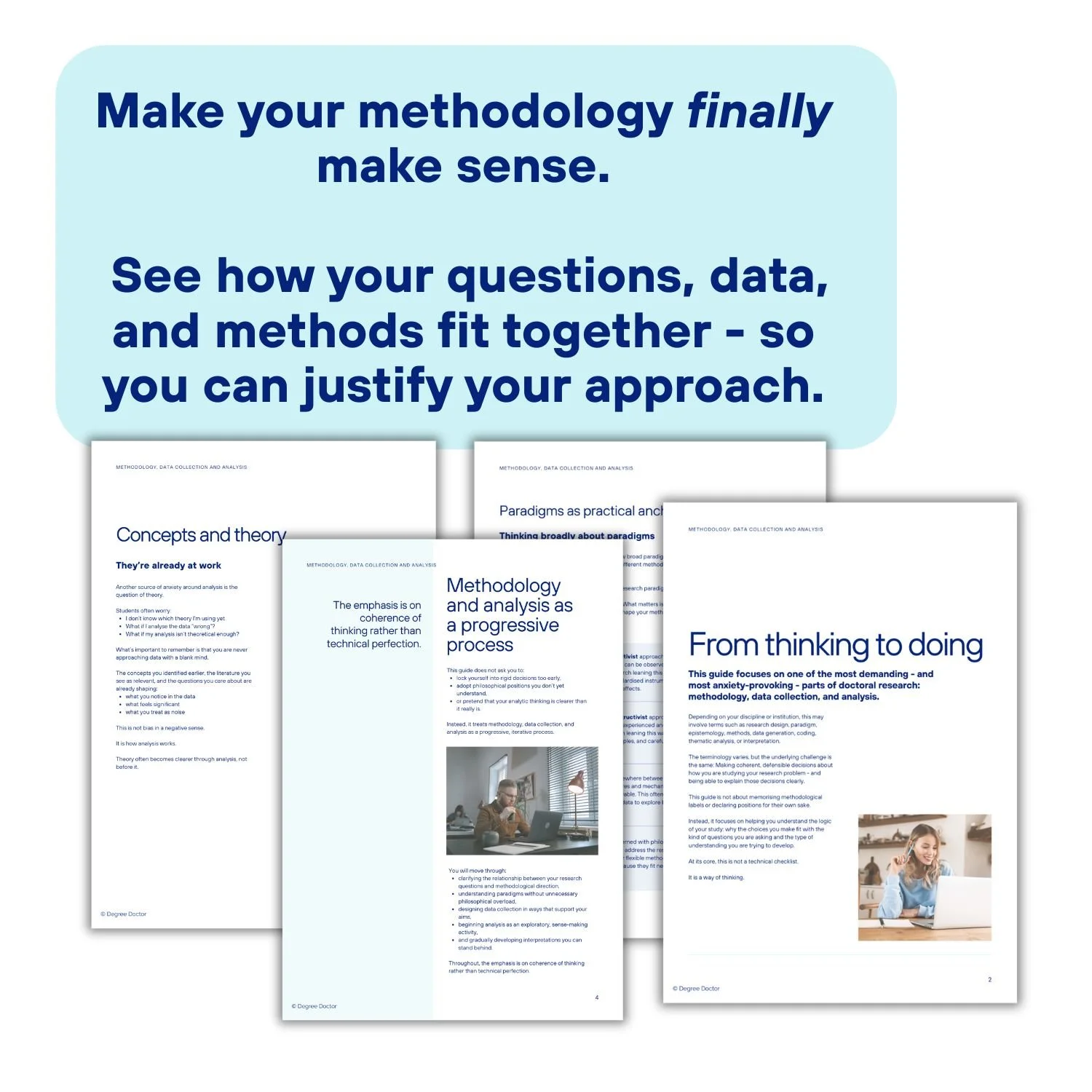 Methodology guide pages showing how research questions, data and methods fit together to create a clear, justifiable approach.