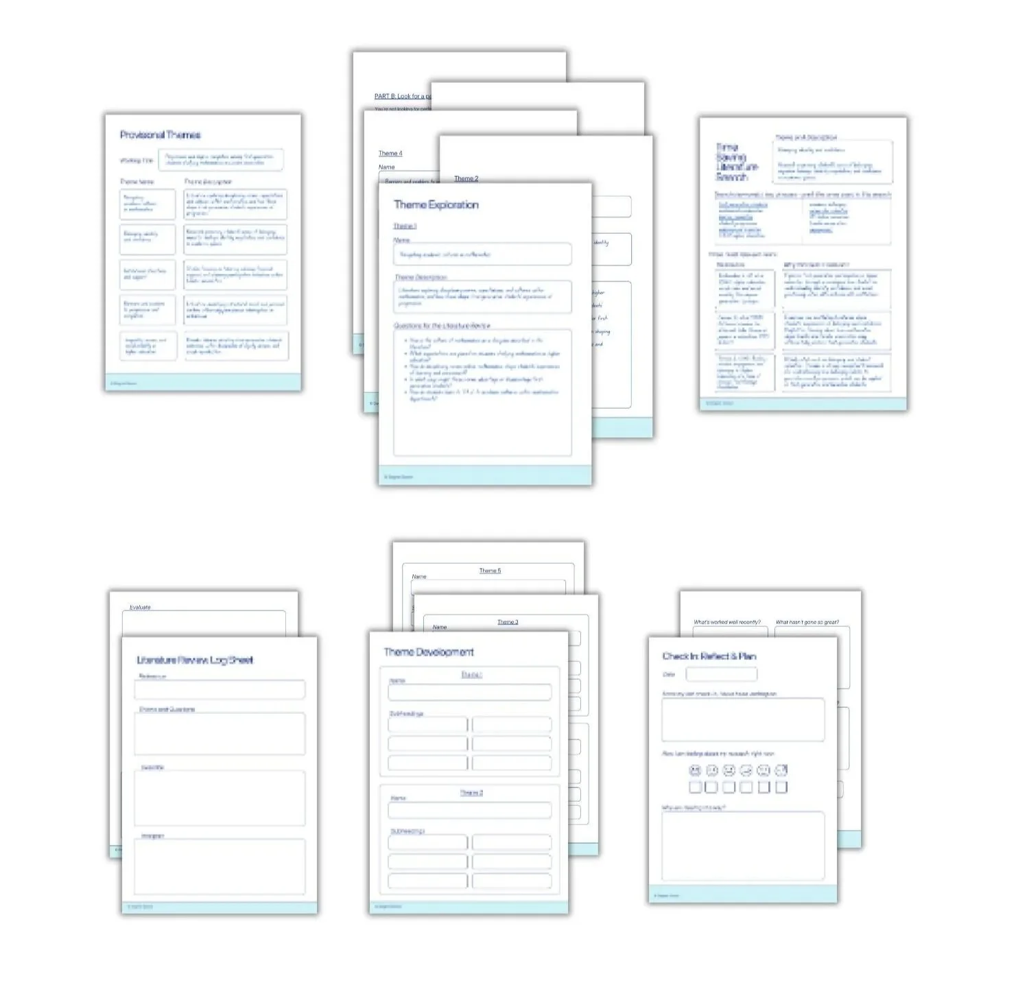 Six sets of Literature Review worksheets for planning themes, exploring and developing themes, tracking literature, and reflecting on progress.