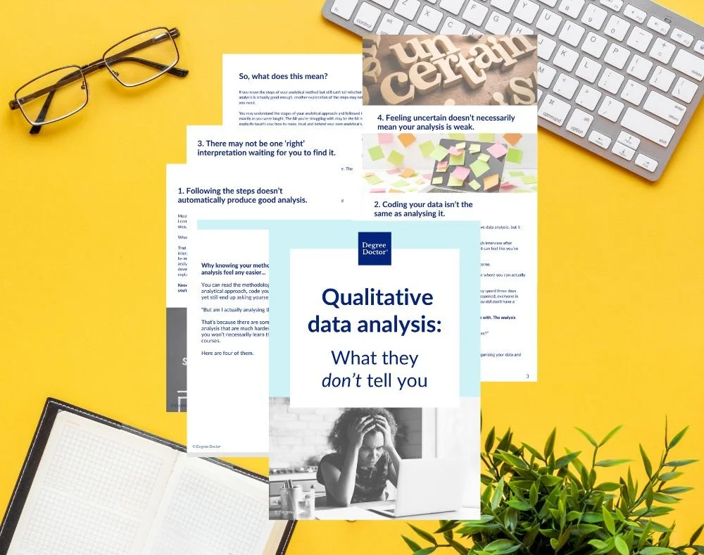 Mockup of the free Degree Doctor guide, ‘Qualitative Data Analysis: What They Don’t Tell You’, showing pages about coding, interpretation and uncertainty in qualitative PhD analysis.