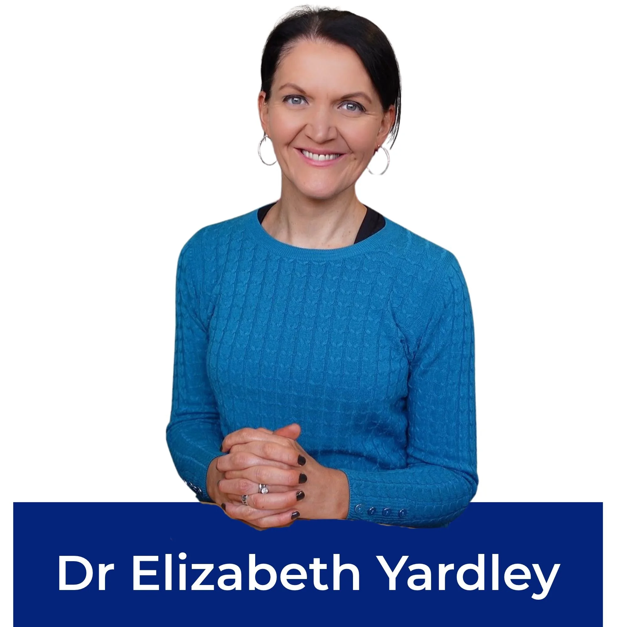 Dr Elizabeth Yardley, founder of Degree Doctor, smiling at the camera in a blue jumper against a white background, with her name displayed beneath her photograph.