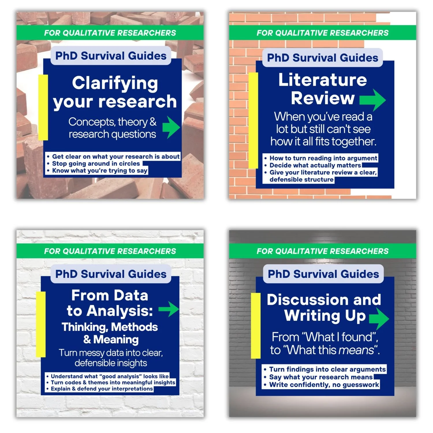 The four PhD Survival Guides for qualitative researchers: Clarifying Your Research, Literature Review, From Data to Analysis, and Discussion and Writing Up, covering the key stages of developing and completing a qualitative PhD.