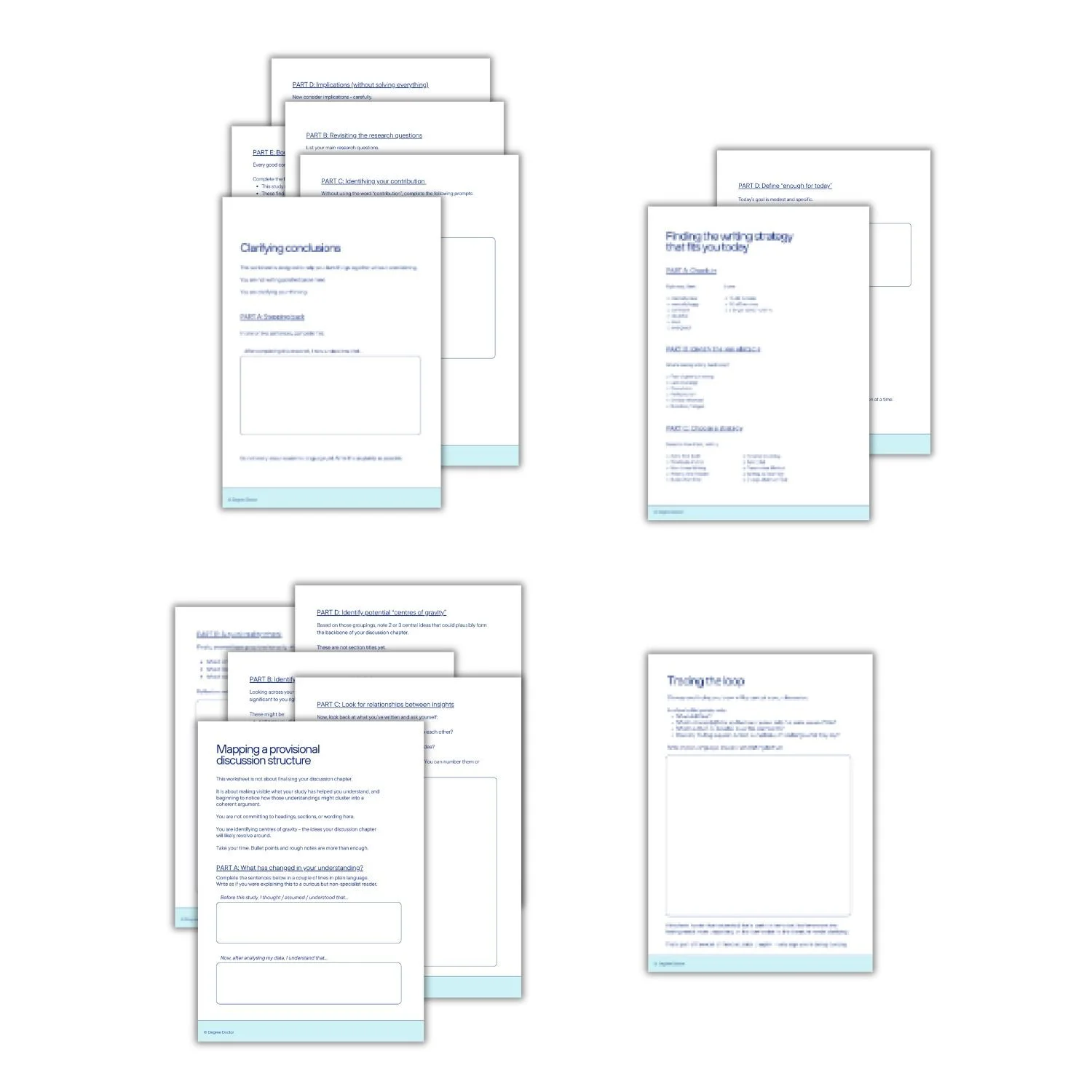 Preview of four printable and editable discussion chapter worksheets that help qualitative PhD researchers clarify conclusions, map a discussion structure, identify their research contribution, and develop a confident writing strategy.