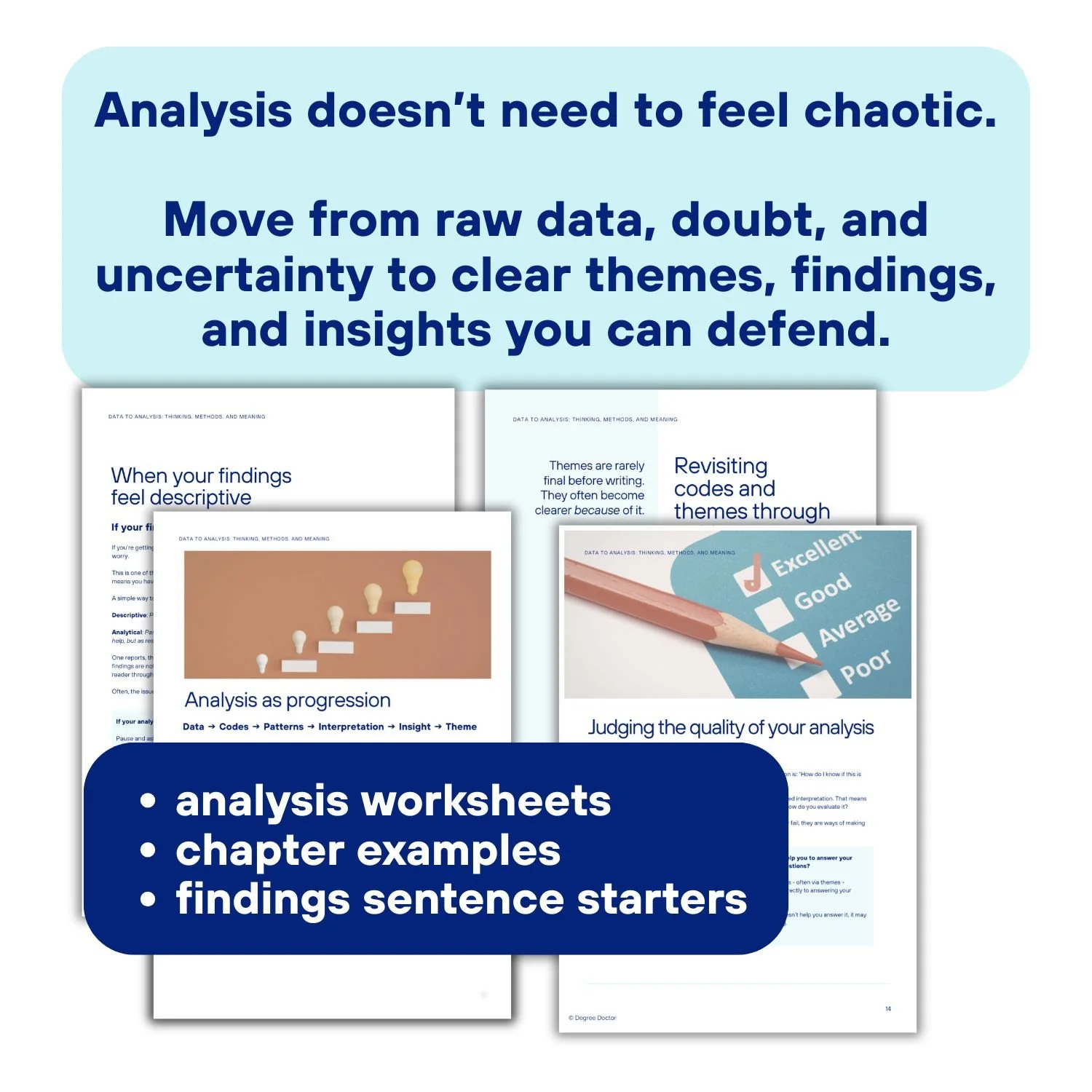 Data to Analysis PhD Survival Guide showing analysis worksheets, chapter examples and findings sentence starters for developing clear, defensible qualitative analysis.