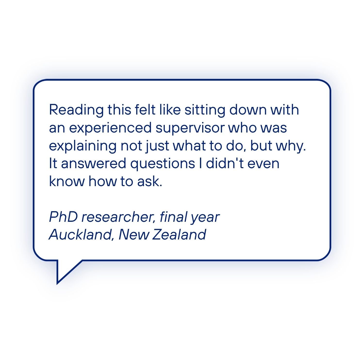Speech bubble testimonial from a final-year PhD researcher describing how the Literature Review Guide felt like guidance from an experienced supervisor, helping them understand both what to do and why.