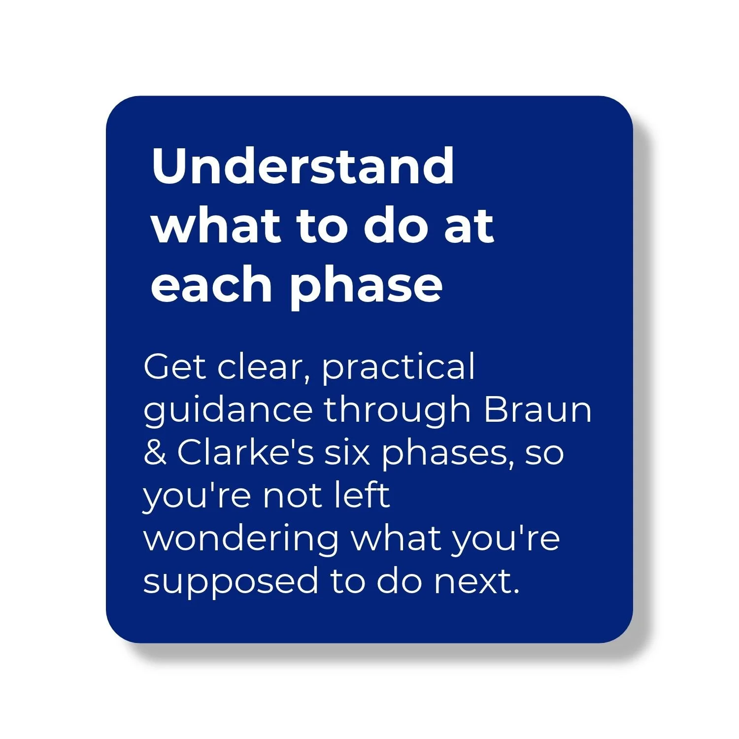 Blue information card explaining how the Braun and Clarke reflexive thematic analysis guide provides practical guidance through the six phases, helping qualitative researchers understand what to do next.
