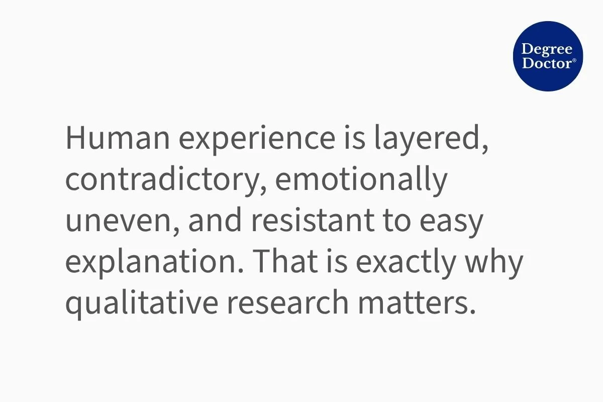 Quote graphic stating that human experience is layered, contradictory, emotionally uneven, and resistant to easy explanation, which is why qualitative research matters.