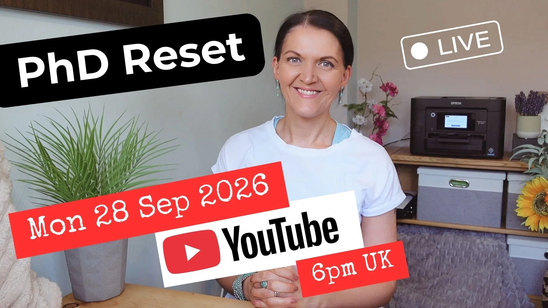 **Alt text:** PhD Reset live session with Dr Elizabeth Yardley, Monday 28 September 2026 at 6pm UK time on YouTube.