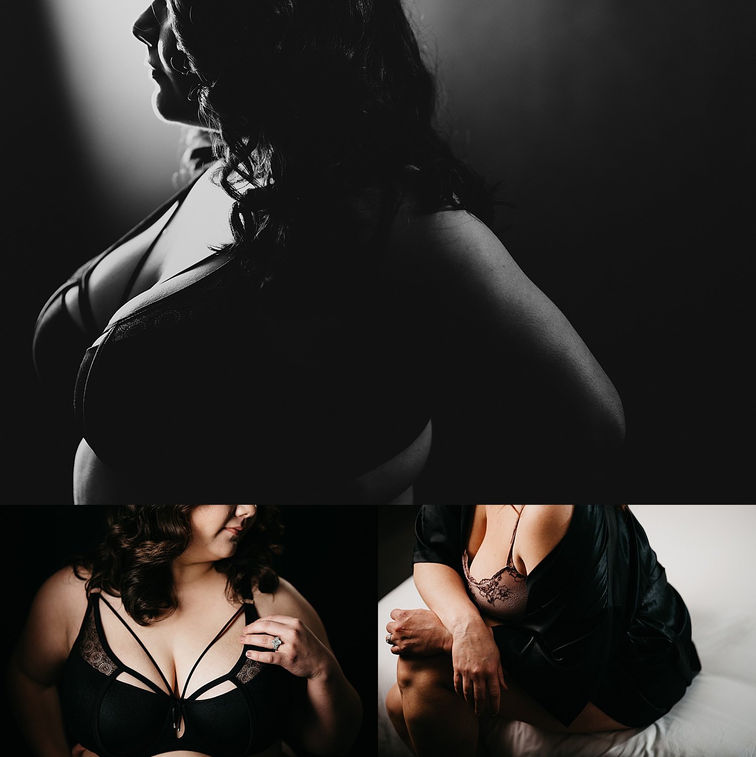  woman wearing black strapped lingerie for picking your boudoir photographer session 
