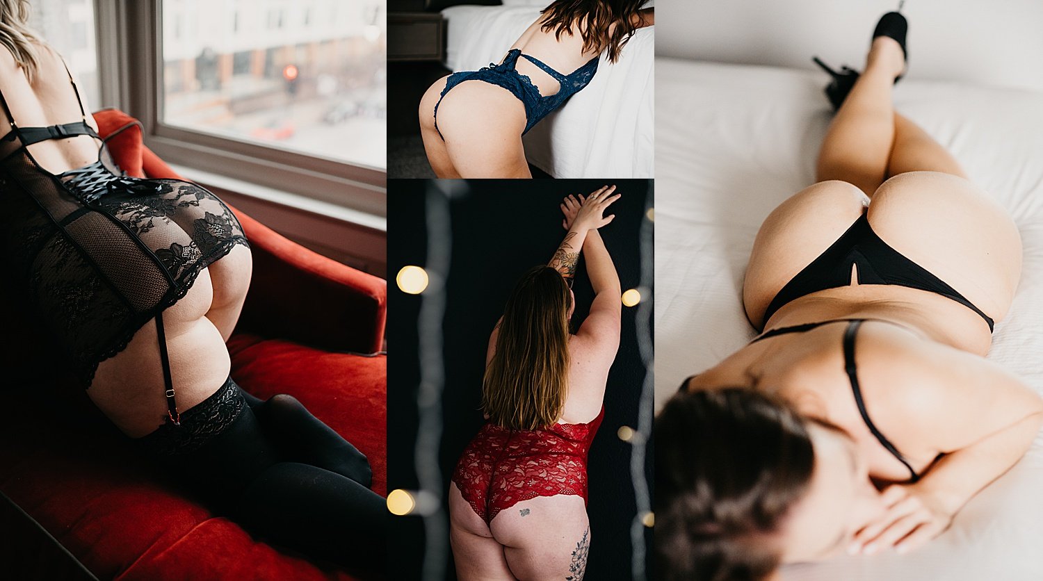  woman wearing thong in hotel room during boudoir session with las Vegas boudoir photographer  