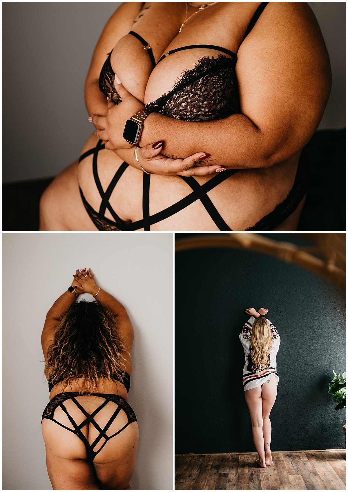  Boudoir Day Timeline shoot with photographer and woman wearing black strapped lingerie  