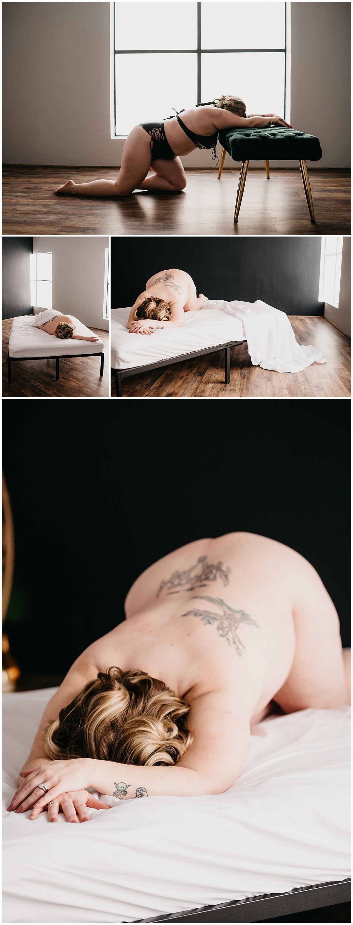  woman laying on bed during session in studio for Boudoir Day Timeline session  