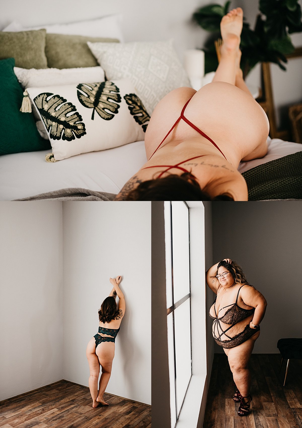  woman standing up against wall in green lingerie for boudoir stretches article  
