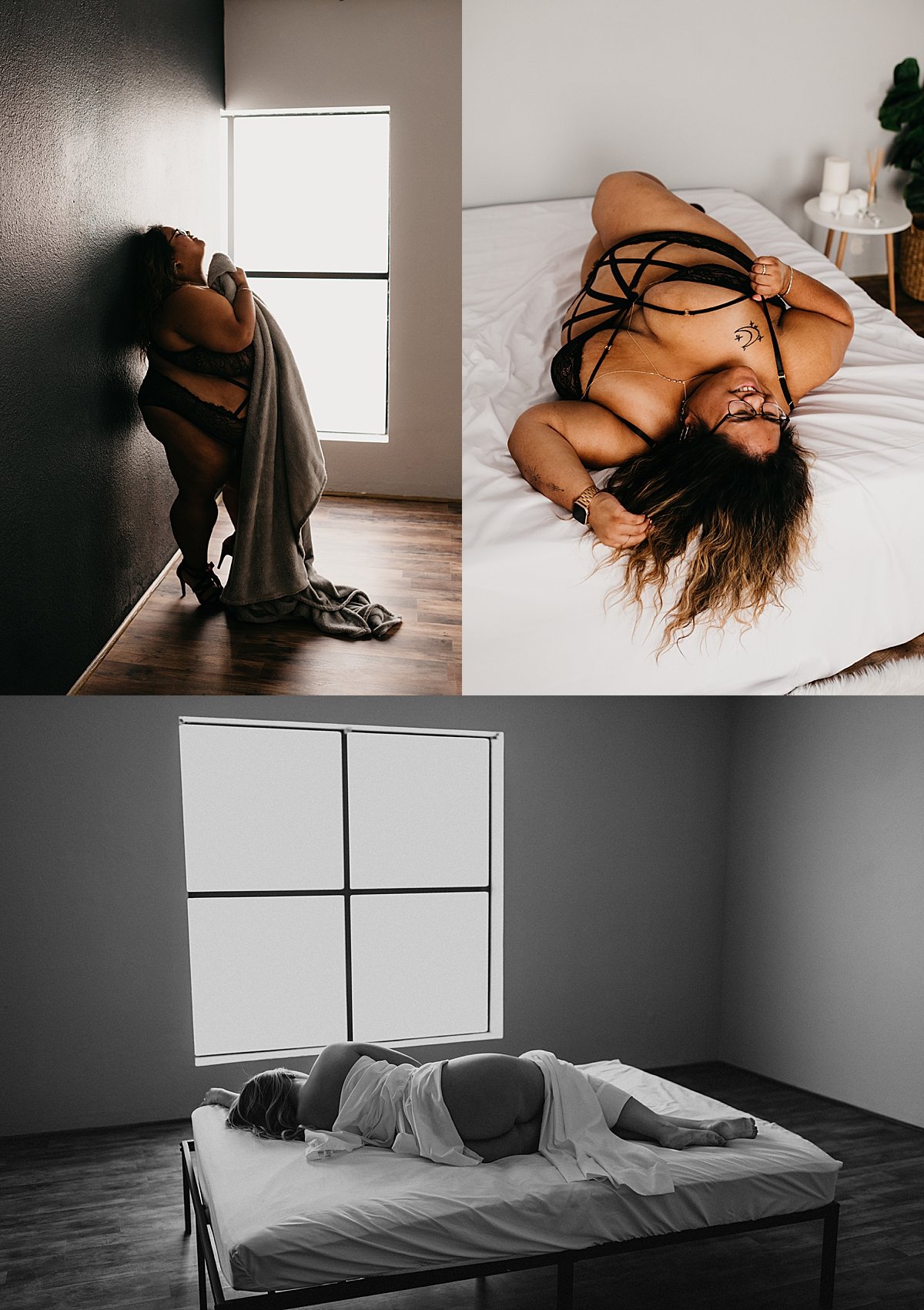  plus sized boudoir woman wearing black strapped lingerie laying on the bed by as you are boudoir  