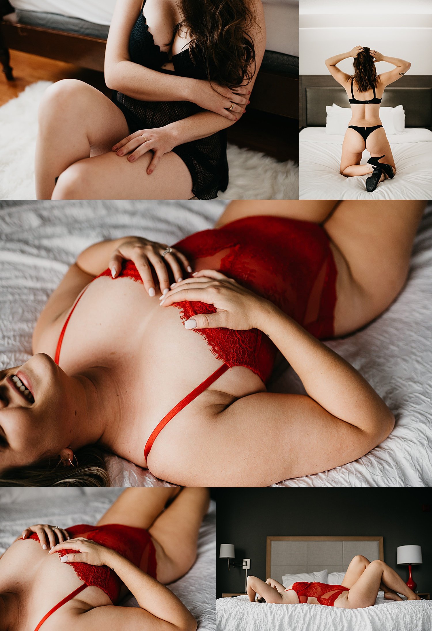  woman in red lingerie on bed for shoot with As You Are Boudoir 