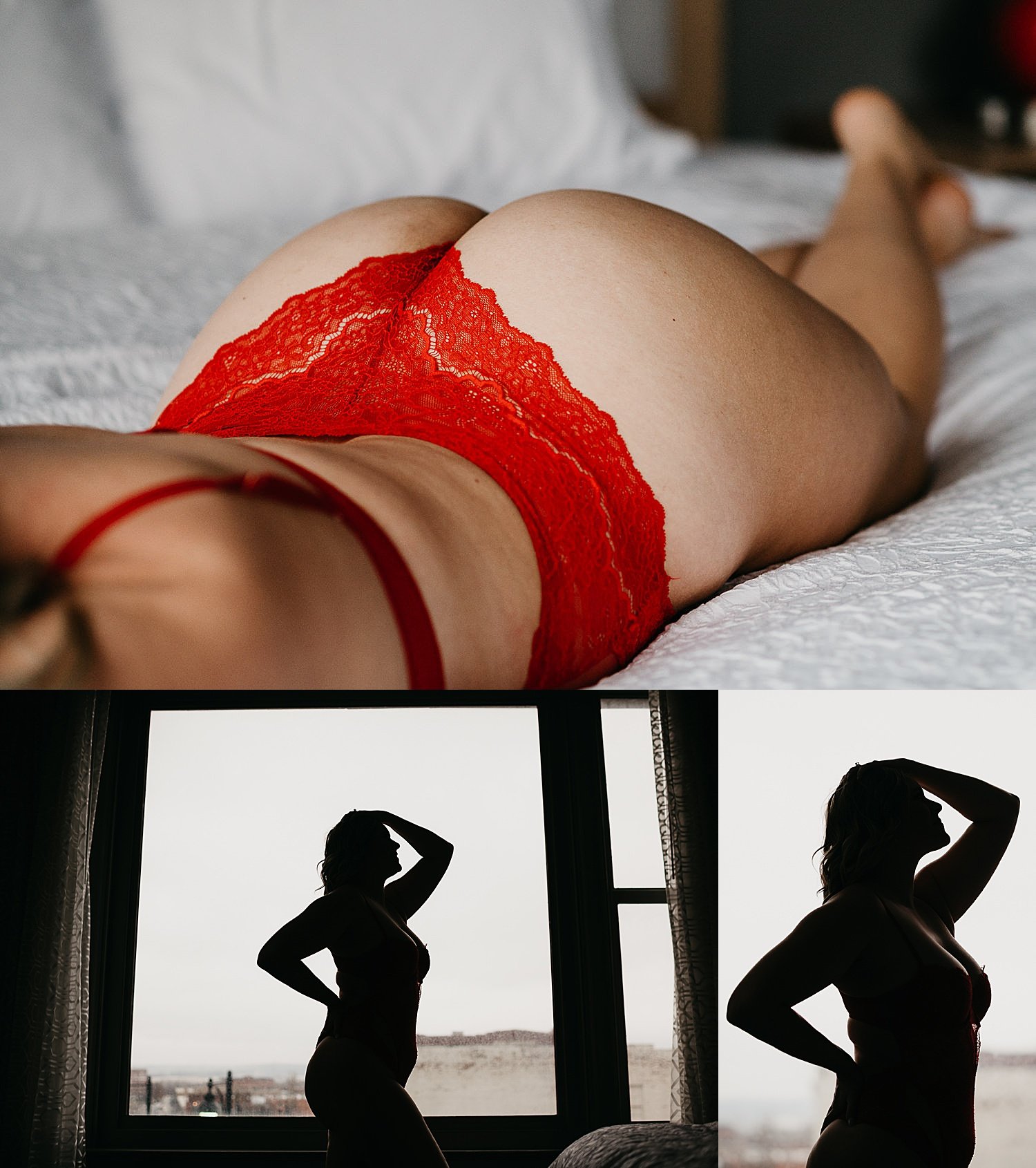 woman in red lingerie learning what not to do during boudoir experience  