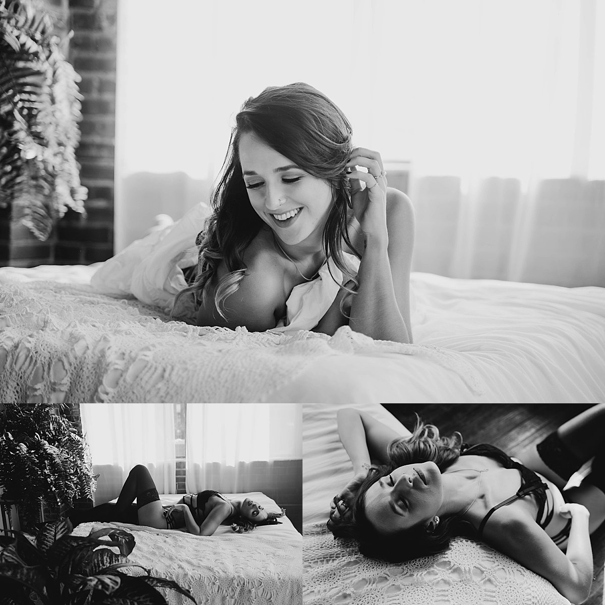  black and white boudoir photography laying on bed with white sheets for as you are boudoir  