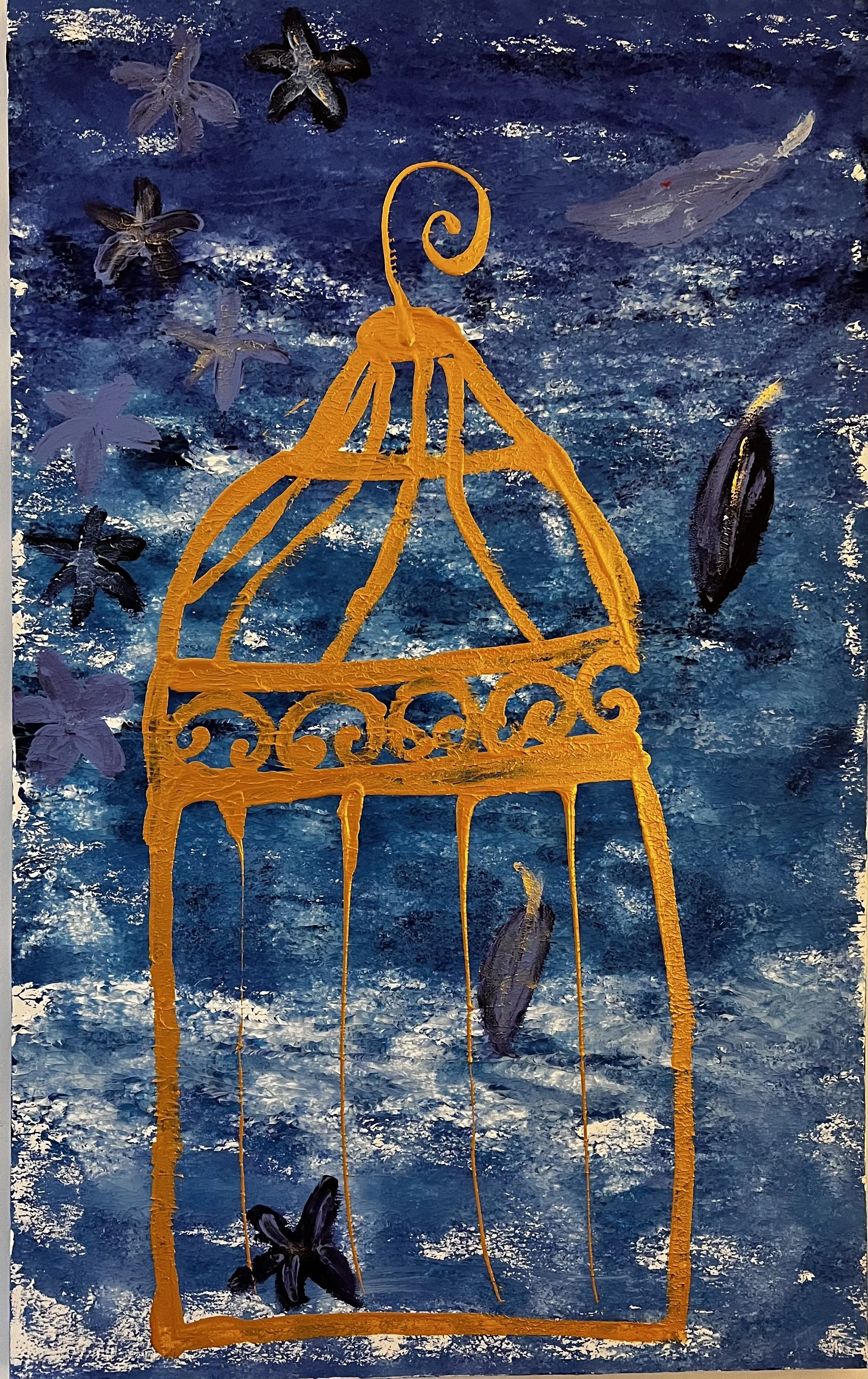 blue and copper bird cage