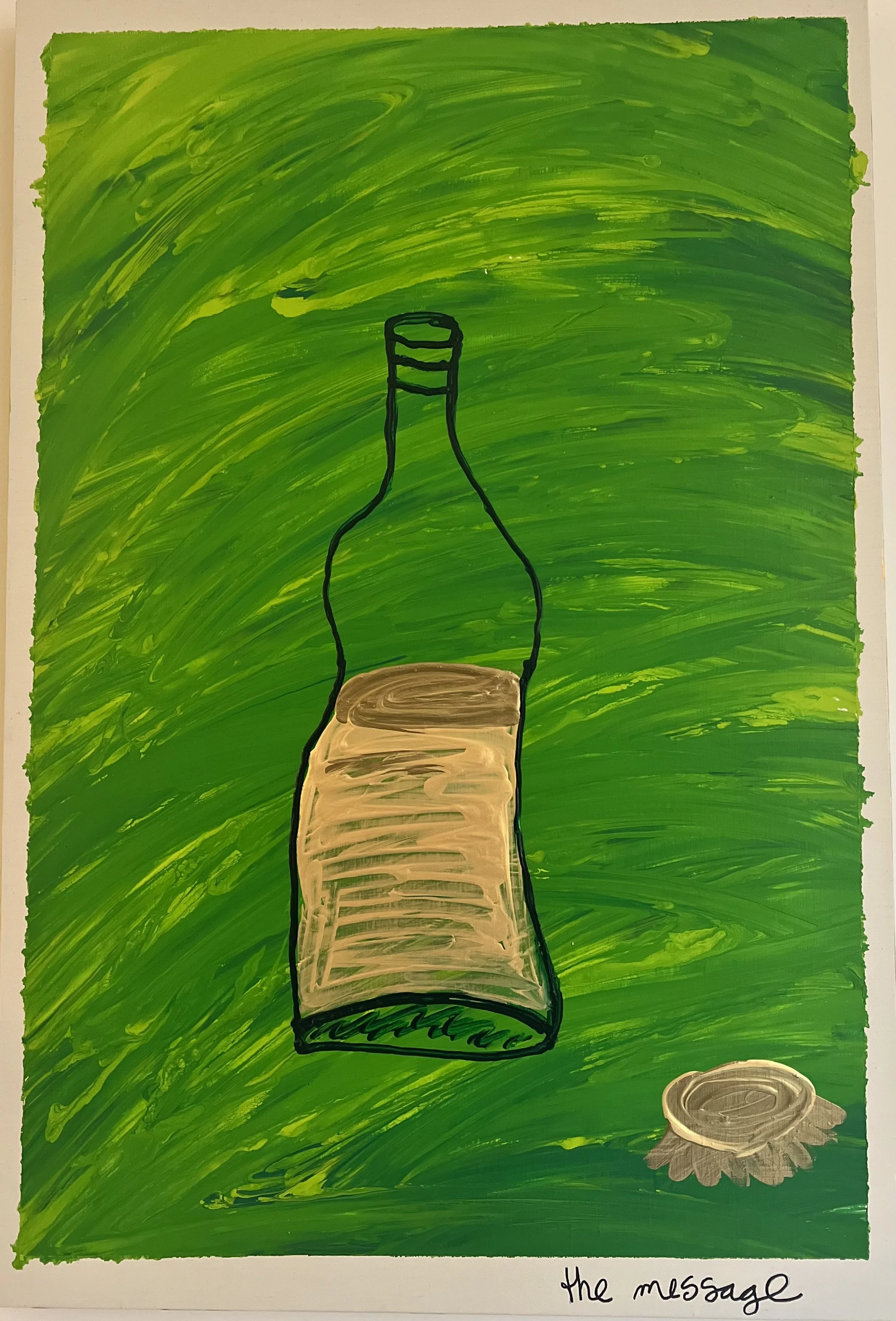 half full bottle on green background