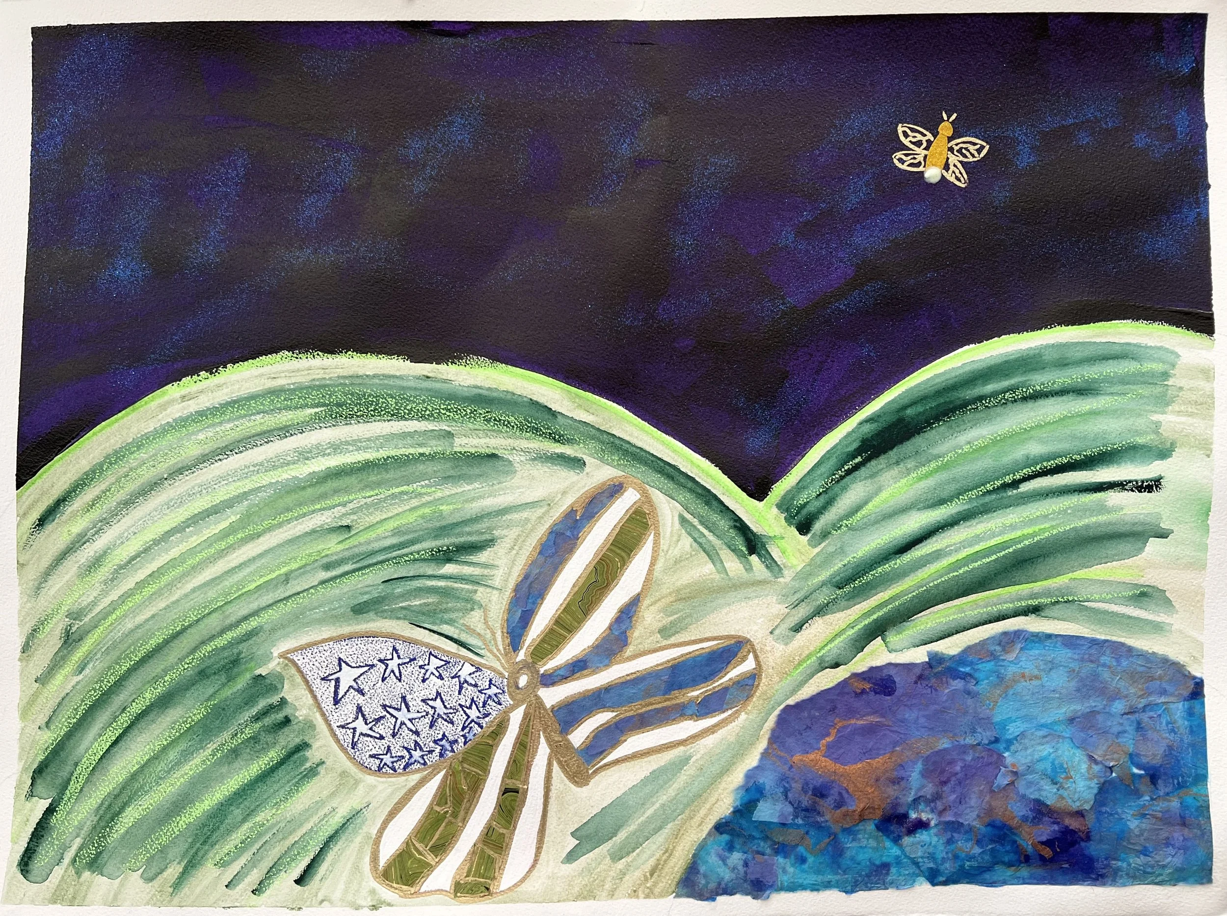 Butterfly and firefly at night