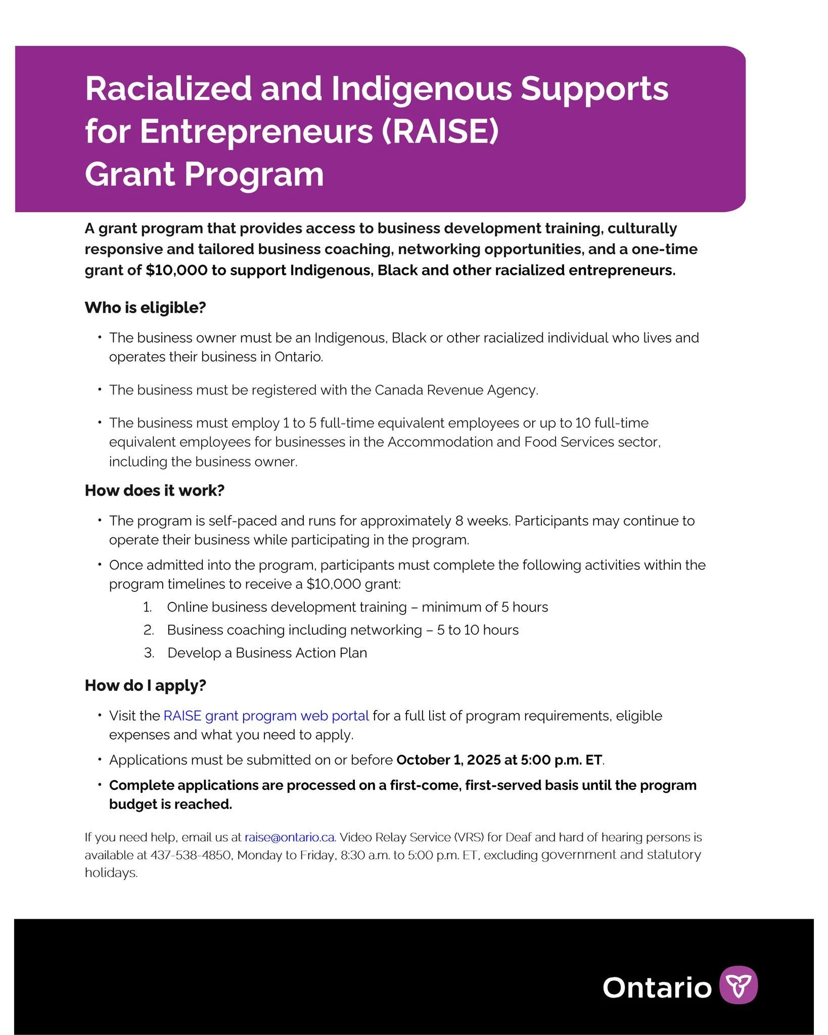 The Ministry of Citizenship and Multiculturalism has announced that the RAISE grant program (2025-26) is now open for applications. Applications for the program must be submitted on or before October 1, 2025 at 5:00 p.m. ET. The opportunity helps ens
