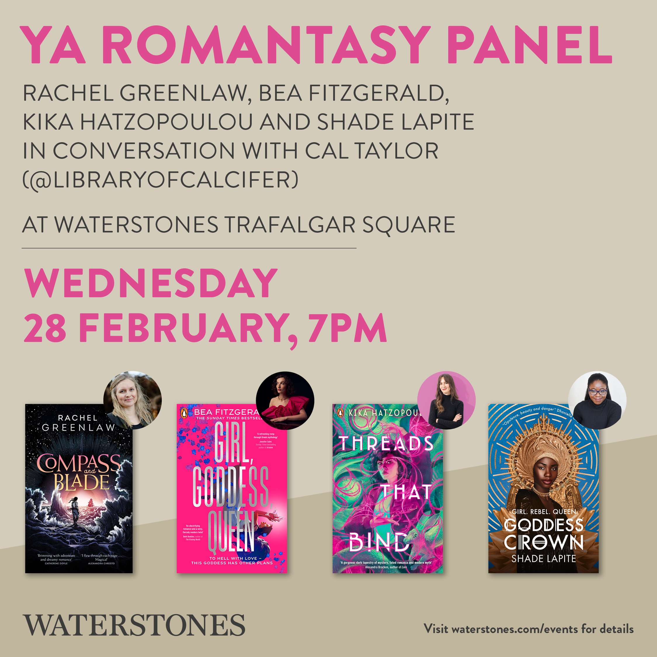 YA Romantasy Panel: Rachel Greenlaw, Bea Fitzgerald, Kika Hatzopoulou and Shade Lapite in conversation with BookTok’s Cal Taylor, @libraryofcalcifer