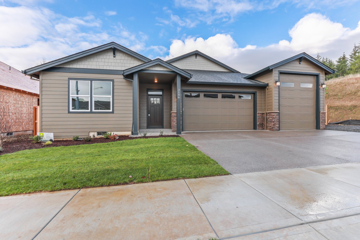 Front of House, Paint Oak Leaf Brown SW 7054, Trim Inkwell SW 6992, Accent Felted Wool SW 9171, Stone Wolf Creek Southern Ledgerstone (7).jpg