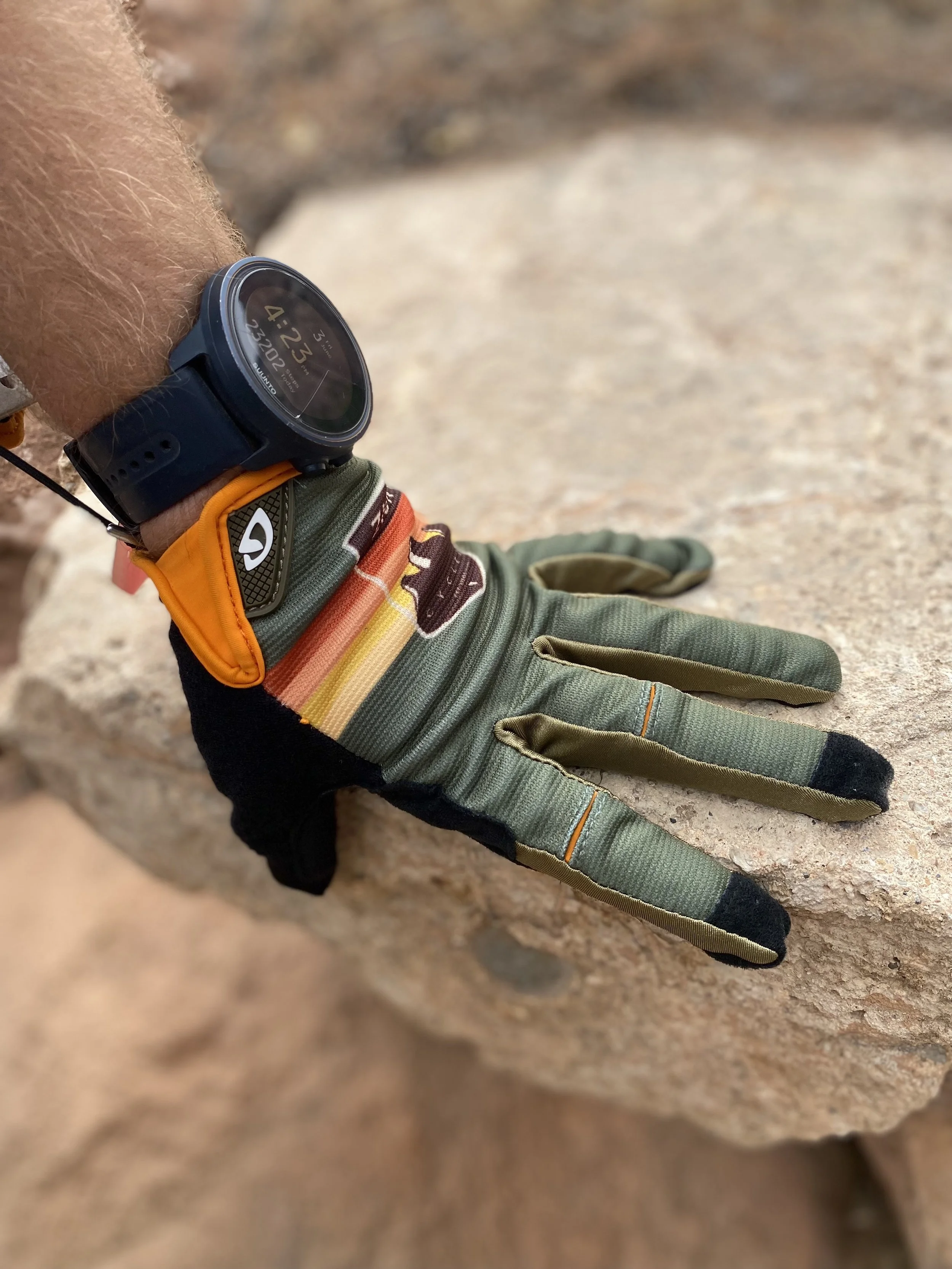 Gloves_left hand_green with yellow red and organge strips_patch logo_zion cycles.jpg